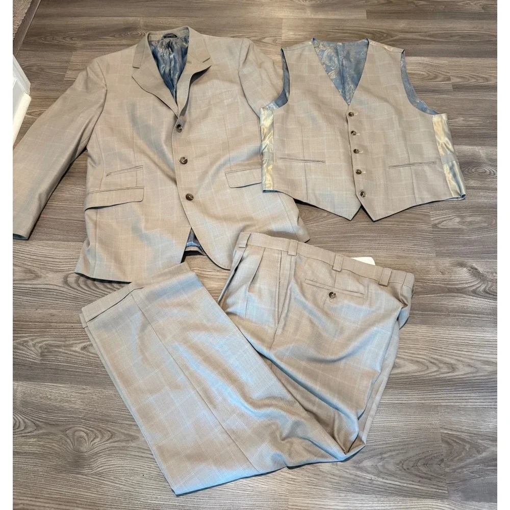 Steve Harvey Collection Mens 3 Piece Suit 46L Tan Paid Pants 37 x 29 Supreme-V